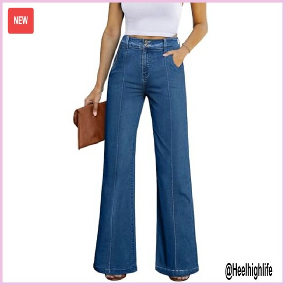 Wide Leg High Waisted Stretch Denim Jeans Baggy Casual Pants - Picture 2 of 8